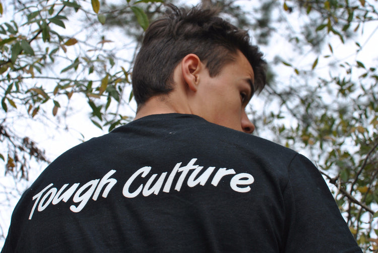 Tough Culture script tee from behind